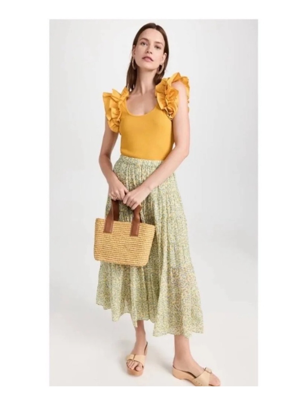 Ulla Johnson Koa Ribbed Knit Ruffle Sleeve Blouse in Goldenrod Yellow